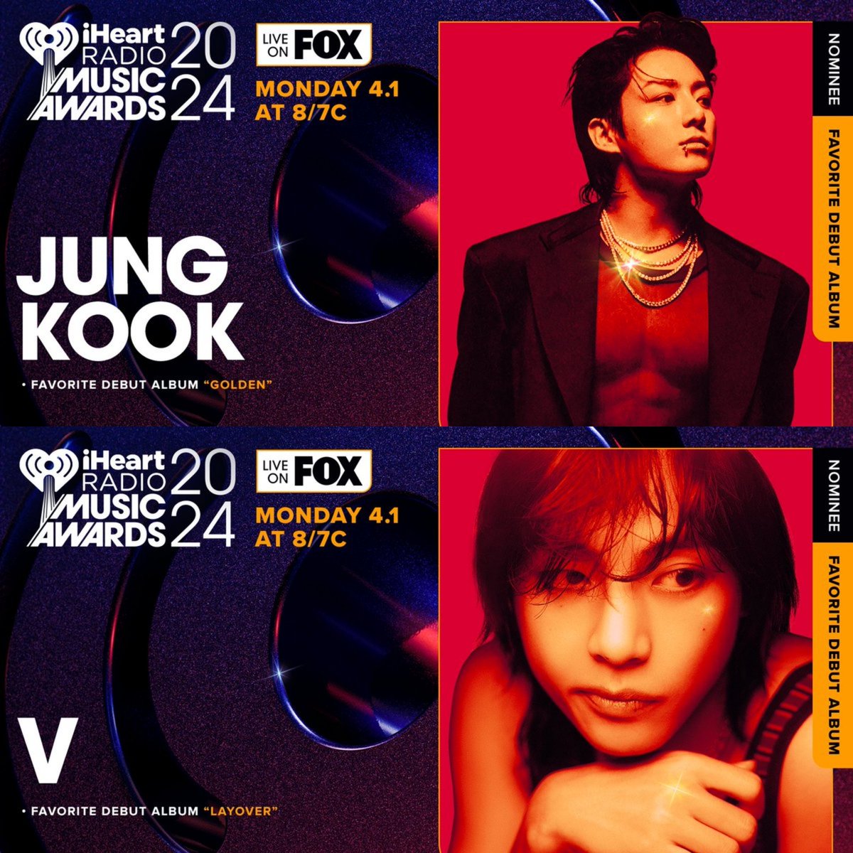 Only Golden and Layover are the K-soloists albums nominated for "Favourite debut album" at iHeartRadioAwards2024!! IM SO SO PROUD OF TAEHYUNG AND JUNGKOOK 😭😭😭