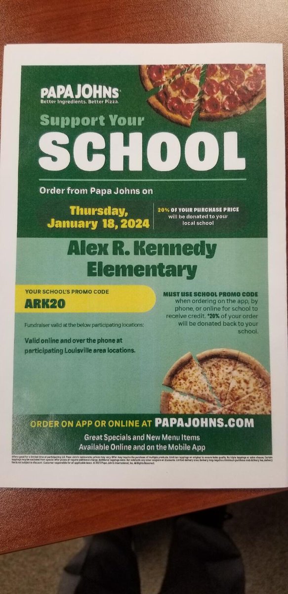 Support Alex Kennedy Elementary Order Papa Johns today/tonight!!! Use promo code: ARK20