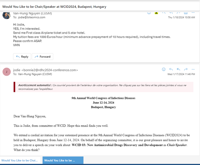 VHNguyenMD's tweet image. Hope this gonna work!!! They want me to be Chair of Infectious Diseases Meeting. I send back a proposal... Wish me luck
🍀🍀🍀
(Beware of #OMICS #biteOMICS #PredatoryConference #PredatoryJournal and #PredatoryMeeting!)