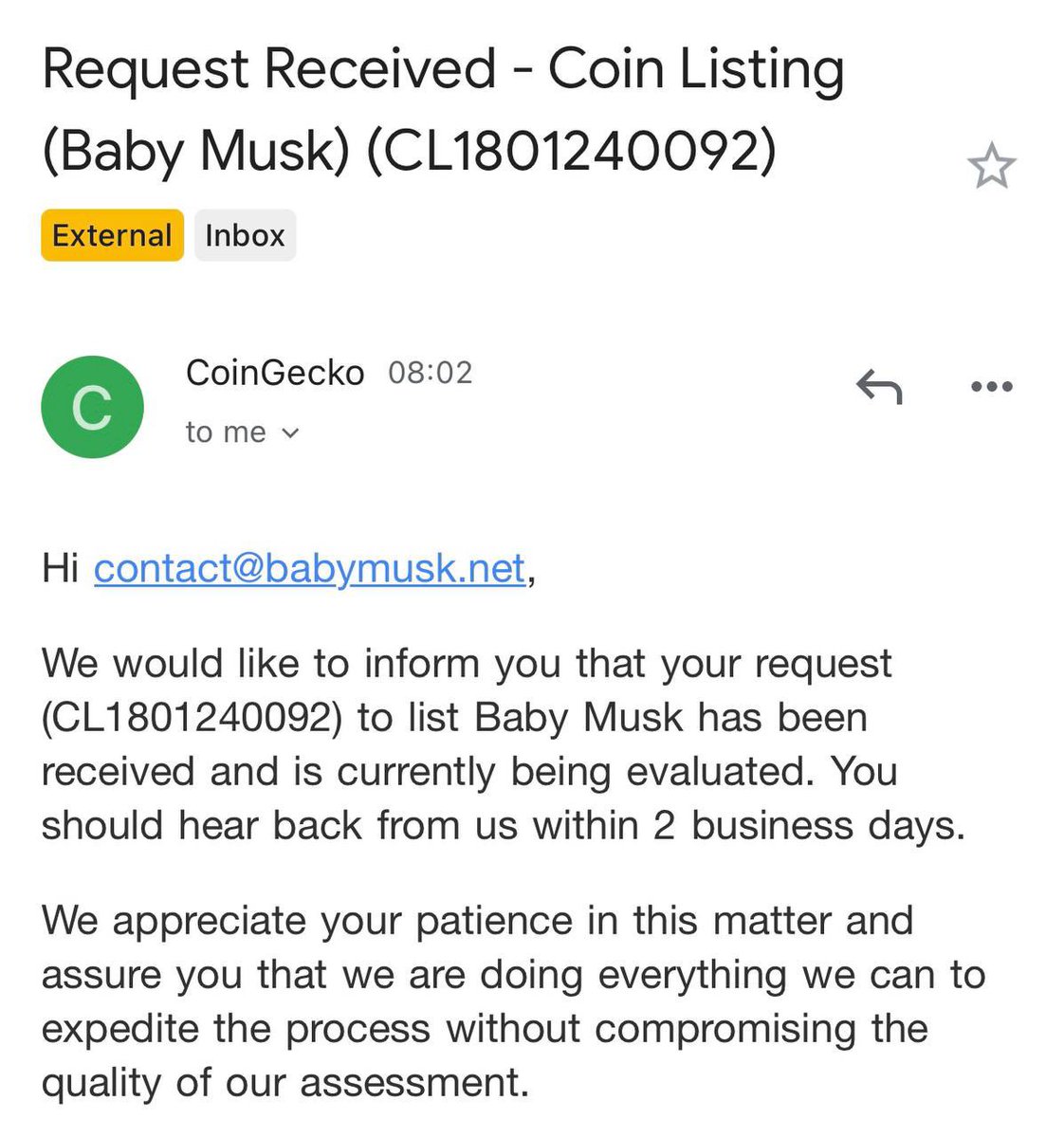 BabyMusk_BSC's tweet photo. Hello @coingecko

We have successfully applied $BabyMusk to @coingecko

Our Request ID: CL1801240092

Officials Mail: contact@babymusk.net

Block Explorer: https://t.co/TVOYY55KtI

GeckoTerminal pair: https://t.co/6LstoDhdsM

#Babymusk #Elonmusk #memecoin #Trending https://t.co/vw09uOAMMO