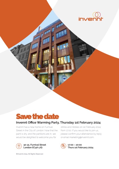 Join us for a warm welcome to our new office at Furnival Street in the heart of the City of London! 🌆 🥂

Savour drinks and delectable bites with us on February 1, 2024. 

To secure your spot, RSVP by emailing marketing@invennt.com. 

 #OfficeWarming #NewBeginnings