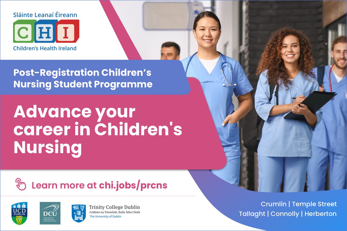 Expand your knowledge and skills in children's nursing. Students undertaking the programme are from one of our three partner Universities: University College Dublin, Trinity College Dublin and Dublin City University. Learn more at chi.jobs/prcns