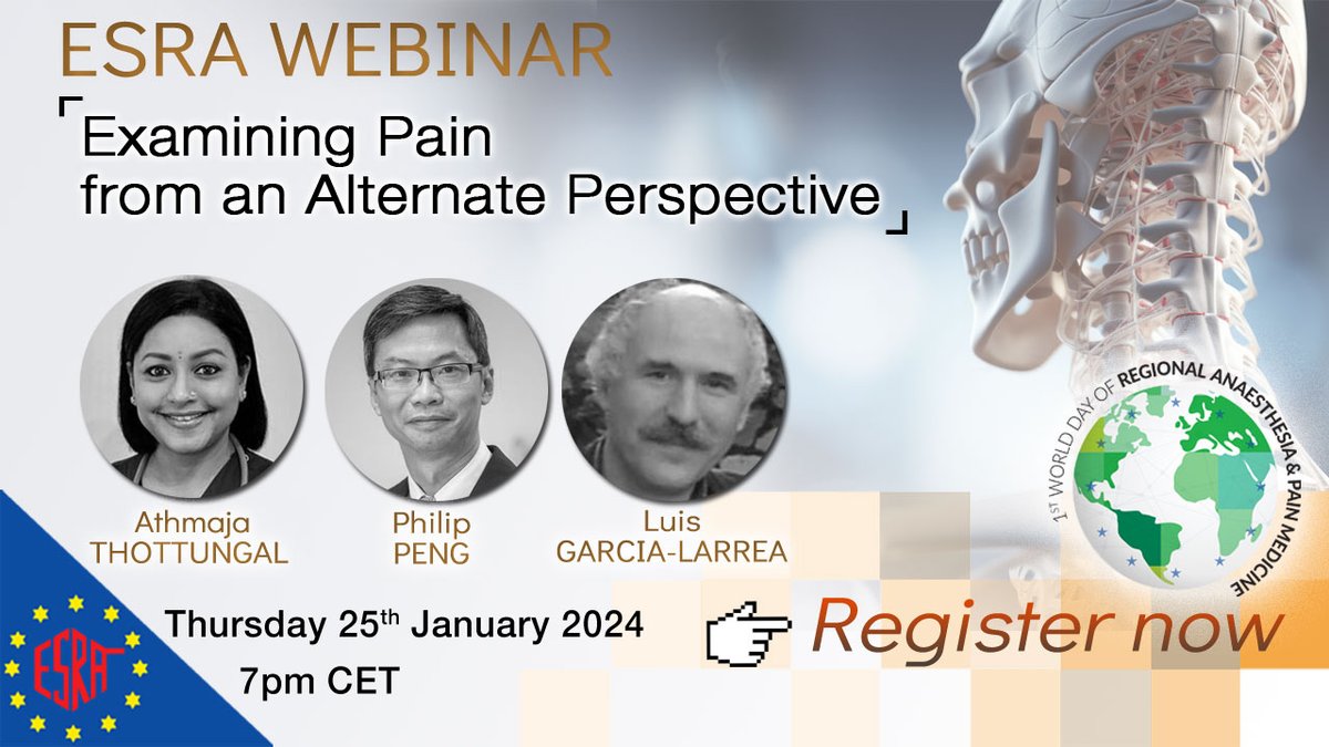 Join us and examine pain from an alternate perspective with our experts #ESRAwebinar 🗓 Thu 25 Jan 7pm CET 👥 with @athmathottungal, @DrPhilipPeng & Luis Garcia-Larrea 👉 Free registration: us02web.zoom.us/webinar/regist… 🌍 A perfect way to celebrate the #WorldWeek of RAPM! 🎉