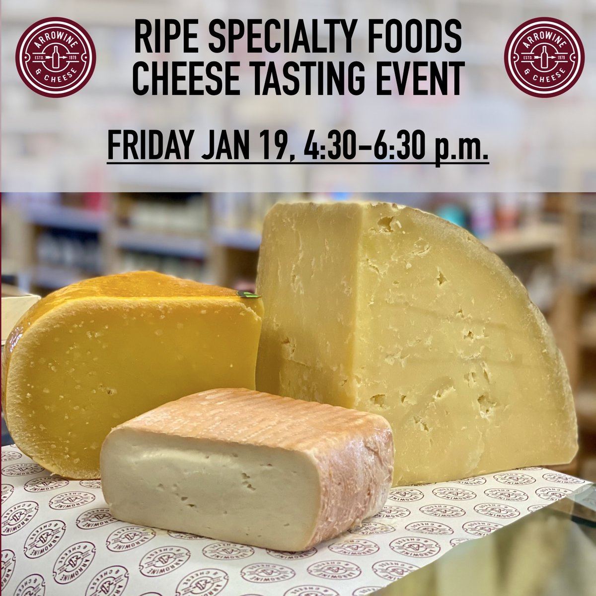 Join us Friday evening for an excellent sampling from our partner <a href="/ripespecialty/">Ripe Specialty Foods</a>! We're featuring a charming, rustic English cheese, an Irish twist on a Dutch classic, and two unique Italian washed-rinds. Shake the snow off those taste buds and come experience some deliciousness!