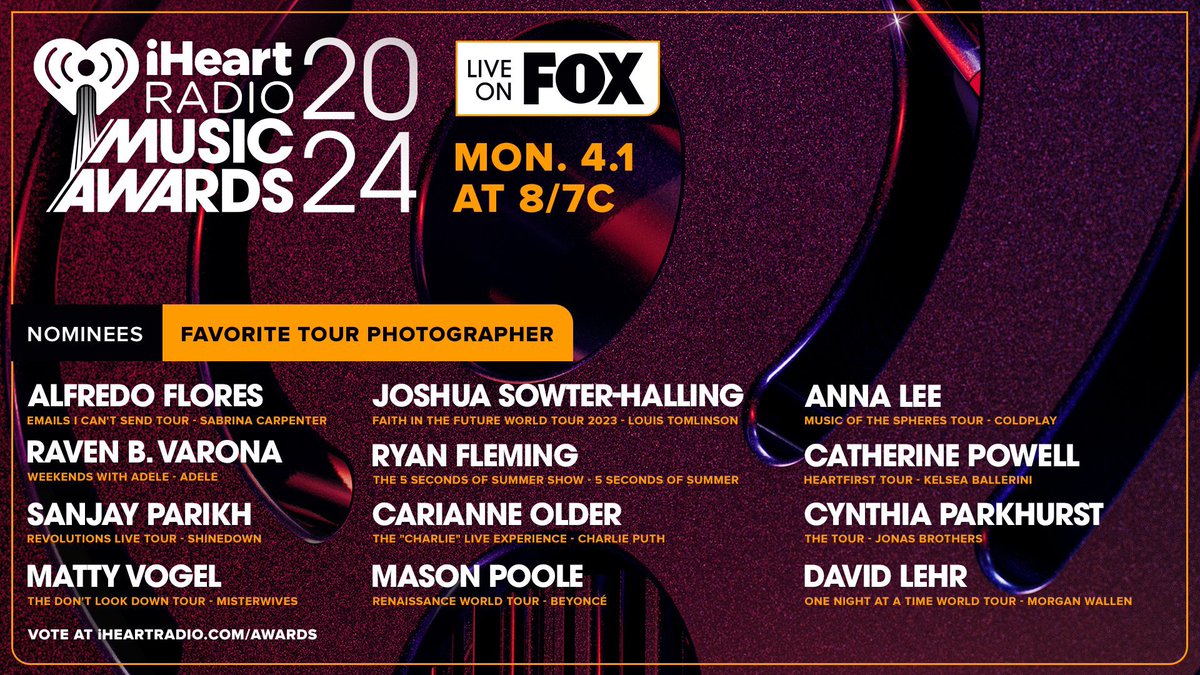 Congratulations to every photographer nominated for Favorite Tour Photographer in the @iHeartRadio Music Awards. It’s a proud moment to see photographers recognized, but especially thrilled to see the highest number of women nominated this year since this category’s inception.