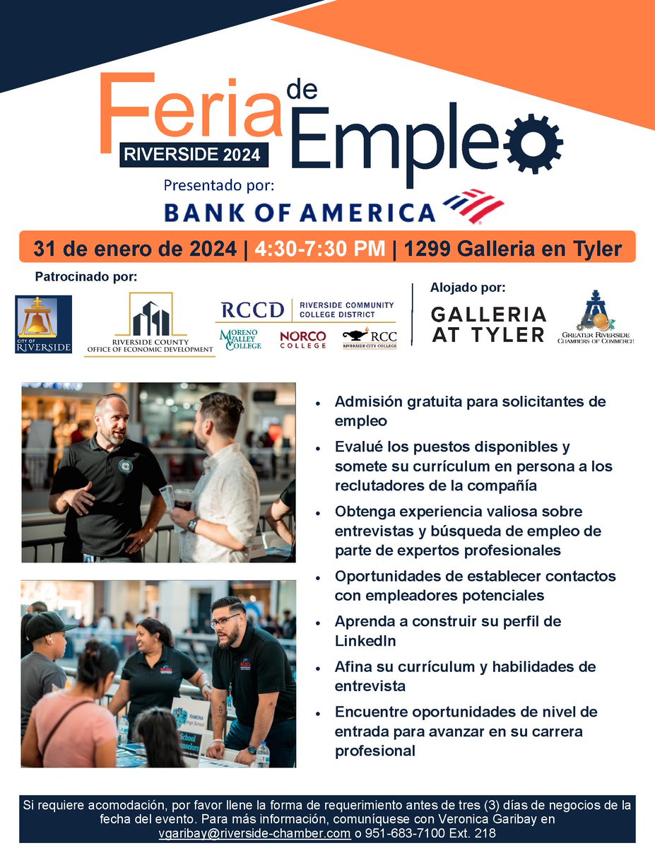 JOB SEEKERS: Meet employers from all over Riverside who are looking to hire YOU at this year's #RiversideJobFair hosted by the @rivchamber!

🗓️: Wed., Jan. 31
📍: 1299 Galleria at Tyler
⌚: 4:30pm - 7:00pm

For more info, email Veronica Garibay at vgaribay@riverside-chamber.com