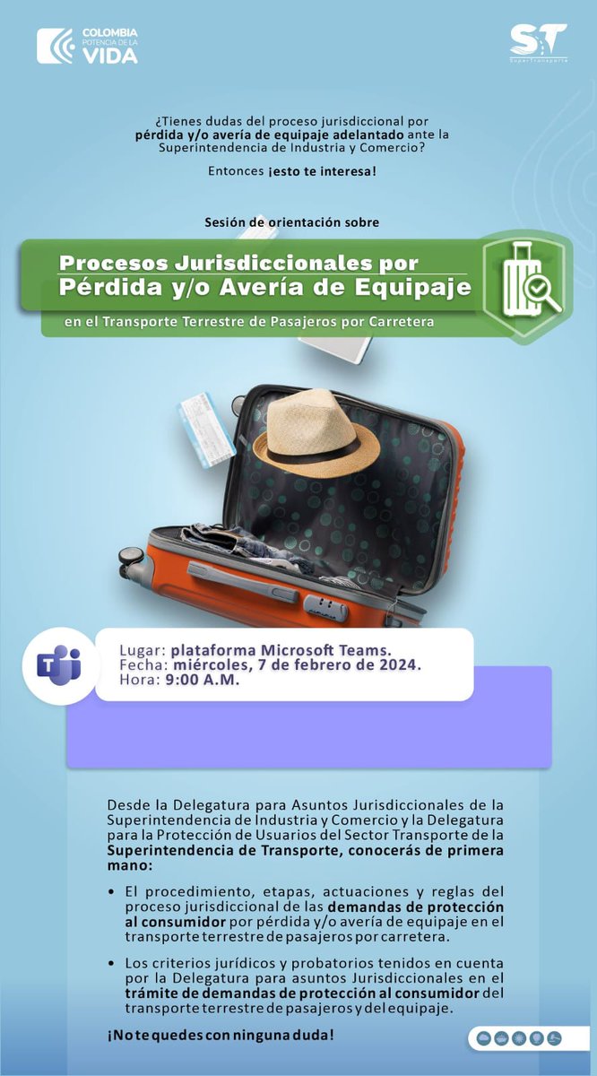 Supertransporte's tweet photo. Invitamos a los empresarios a conocer todo sobre los procesos jurisdiccionales de pérdida y/o avería de equipaje en el transporte terrestre de pasajeros con la Delegatura de Asuntos Jurisdiccionales de la @sicsuper y la @Supertransporte.

💻Enlace: https://t.co/ZkbU4JQ304 https://t.co/PyLh91epvt