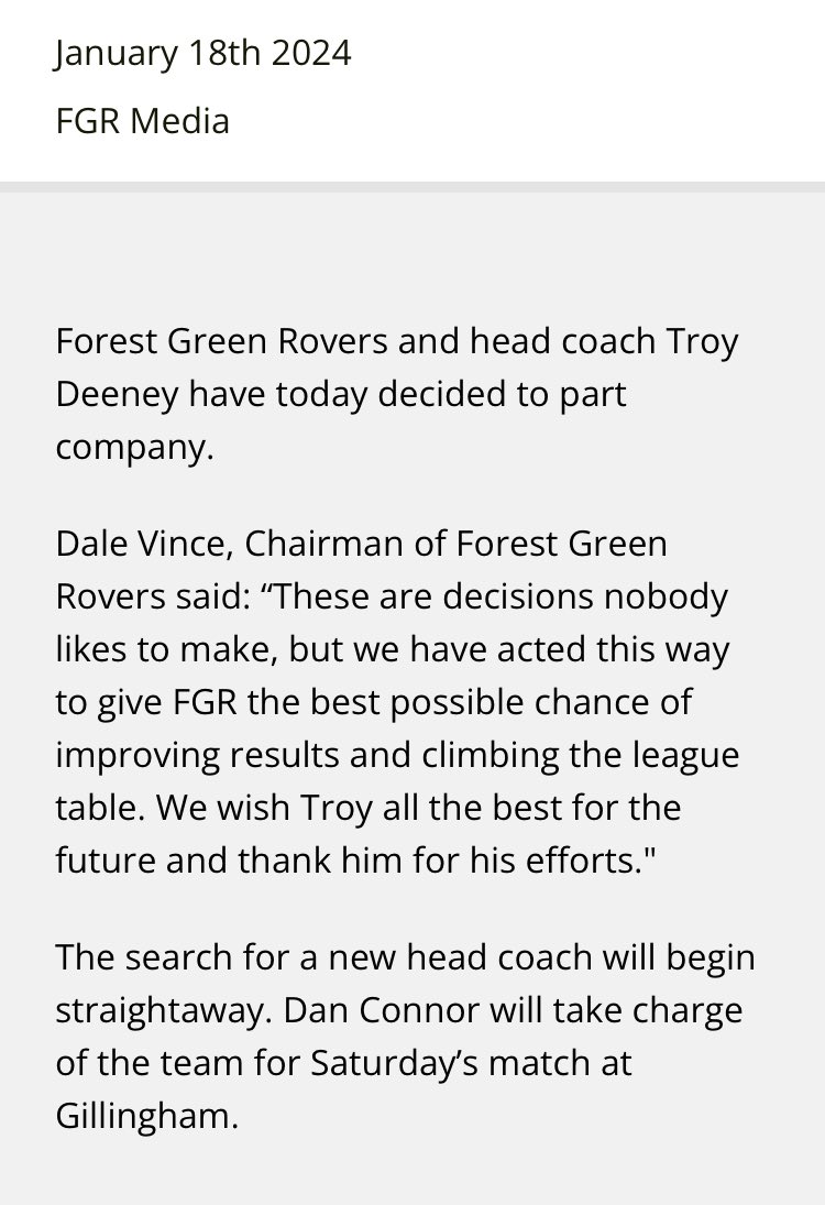 Here’s the statement from Forest Green Rovers confirming Troy Deeney’s departure. #fgr