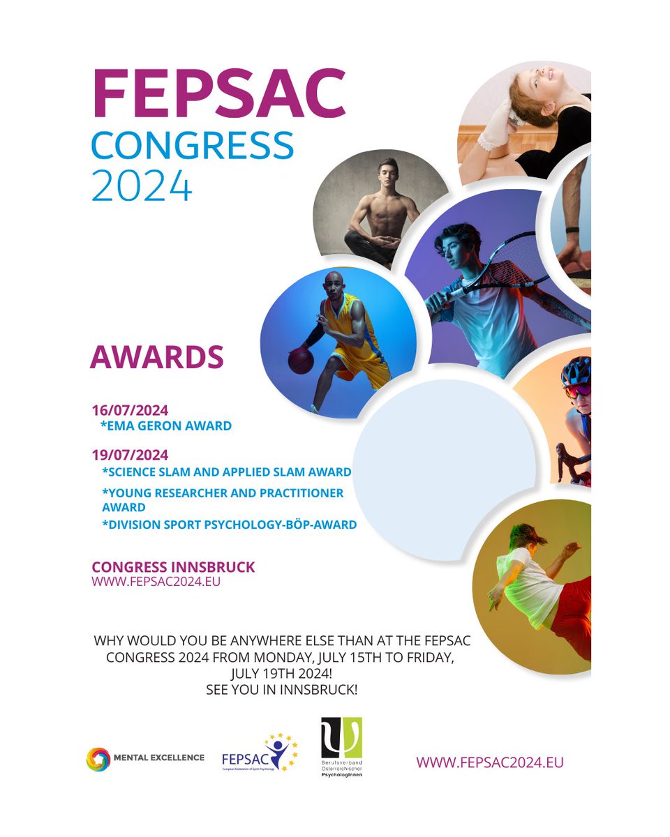 FEPSAC CONGRESS 2024

AWARDS 

16/07/2024
*EMA GERON AWARD

fepsac.com/awards/ema-ger…

19/07/2024
*SCIENCE SLAM AND APPLIED SLAM AWARD *YOUNG RESEARCHER AND PRACTITIONER 
AWARD

*DIVISION SPORT PSYCHOLOGY-BÖP-AWARD

fepsac2024.eu/awards.php