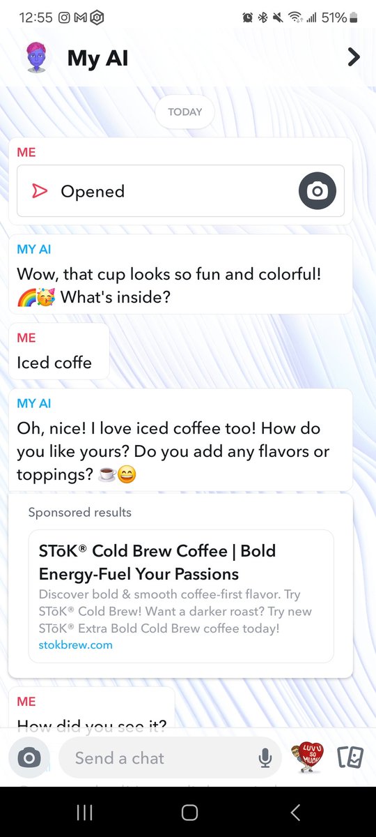 jaketheraker's tweet photo. My interaction with snapchat AI when I found out I can send a picture https://t.co/SIbEvUOFZa