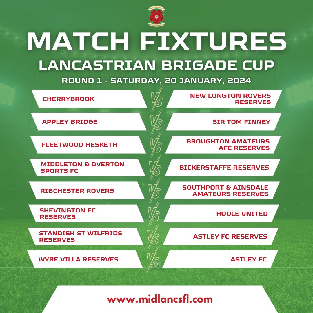 ★ 𝘓𝘢𝘯𝘤𝘢𝘴𝘵𝘳𝘪𝘢𝘯 𝘉𝘳𝘪𝘨𝘢𝘥𝘦 𝘊𝘶𝘱 ★
First round of the Lancastrian Brigade Cup starts this week with 16 teams are looking to make the final 8
#MidLancsFL #NoRefNoGame #RespectTheRef