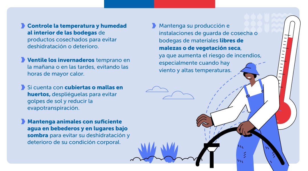 ⚠️Atención agricultoras y agricultores 👩‍🌾👨‍🌾

🌡️Frente a las altas temperaturas pronosticadas desde este viernes 19 hasta el lunes 22 de enero entre las regiones de Coquimbo y Biobío, te entregamos las siguientes recomendaciones para evitar problemas con tus cultivos y animales🌾