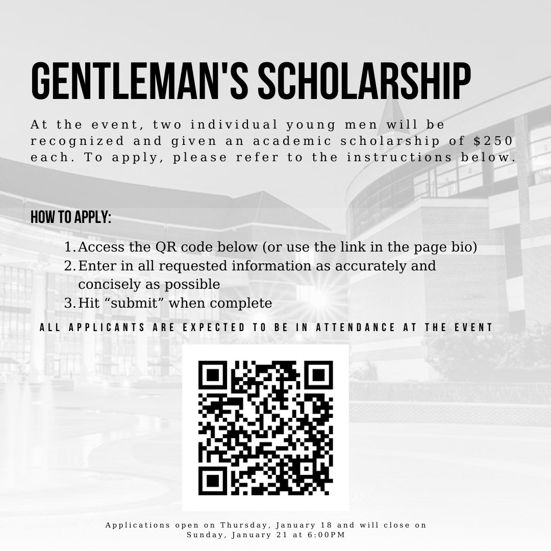 Calling all men on Baylor's campus! Join us for an exclusive evening of professionalism and insight as we 
 dive into the art of personal branding and what it truly means to leave a egacy as a man. Use the link in our bio to apply for the Gentleman’s Scholarship today!