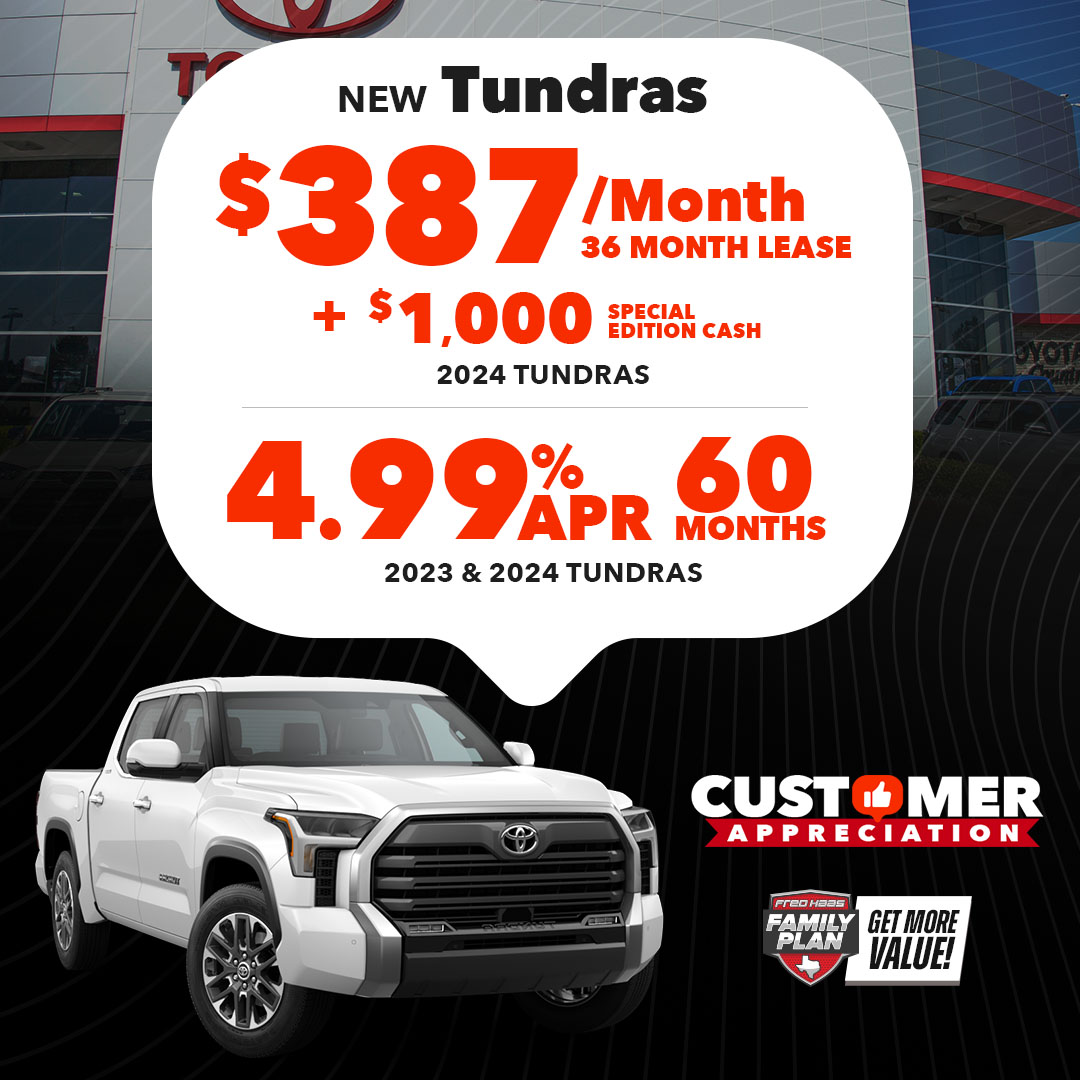 Unleash the power! Lease the 2024 Tundra for $387/mo., a 36-month lease, plus $1K special edition cash. Seize your adventure with 4.99% APR for 60 months on 2023 & 2024 Tundras. Swing by and meet your new ride today! 🛻💨 #Houston #ToyotaTundra #NewTrucks