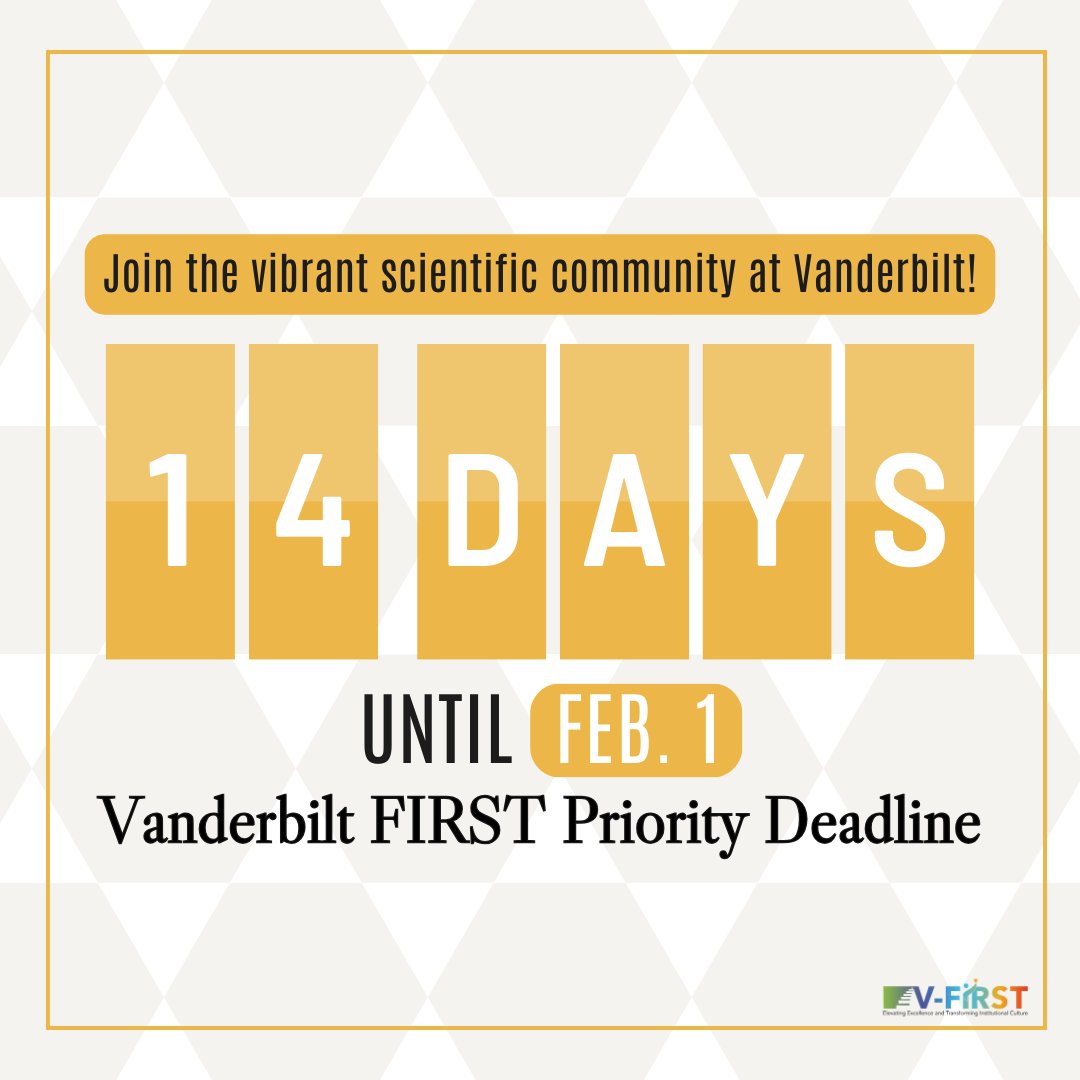 Two weeks left to meet the V-FIRST Feb. 1 priority application deadline for tenure-track faculty positions! Learn more about the vibrant community of scientists at Vanderbilt and apply here: vanderbiltfirst.com #MarginSci #LatinXinSTEM #NativeScience #BlackandSTEM
