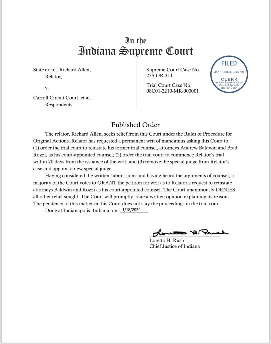 MaxLewisTV's tweet photo. #BREAKING: The Indiana Supreme Court says Richard Allen’s original attorneys, Brad Rozzi and Andrew Baldwin, can be put back on the Delphi Murders case. However, Judge Fran Gull will still preside over the case despite the request to have her removed. #DelphiMurders https://t.co/eOEEpGdOG0