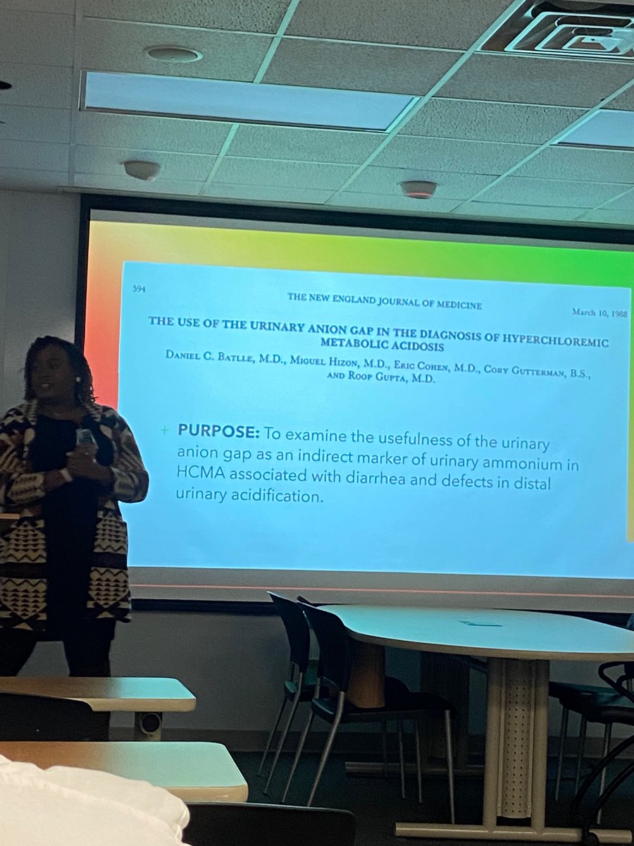 PNVB1979's tweet photo. I’m so proud of Mireille Mbah on her comprehensive presentation of the use of the urinary anion gap in acidosis!  It is wonderful to see our 2nd year fellows showcase their knowledge during Historic Journal Club. https://t.co/lzwfX3XVud