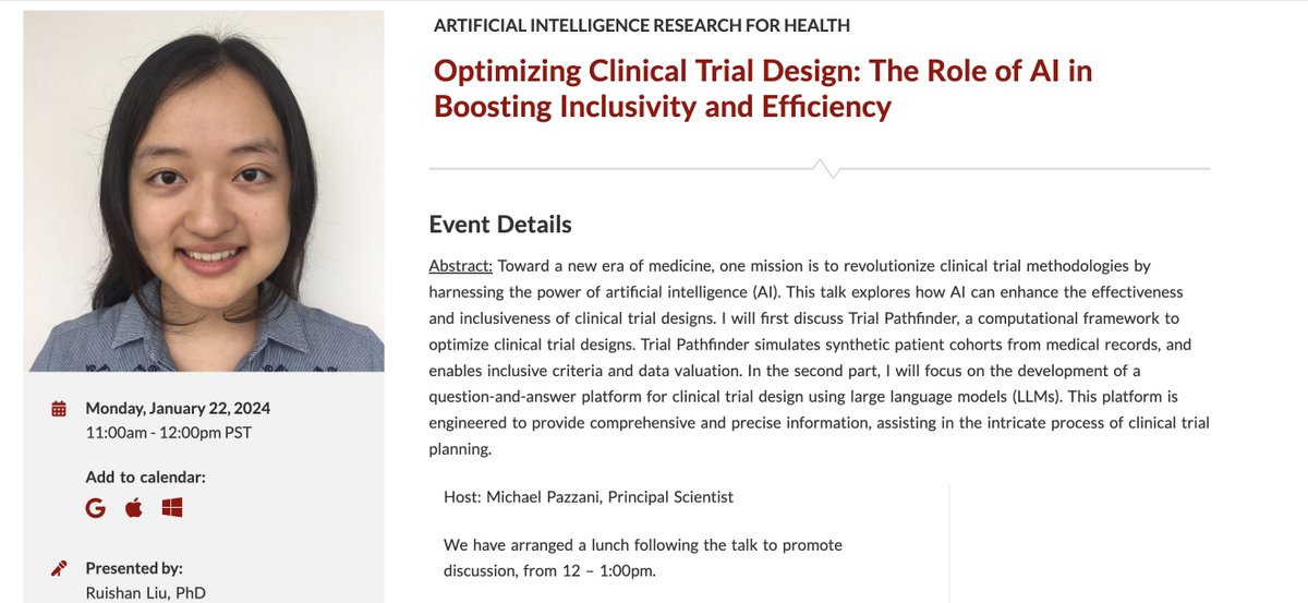 This Monday, Jan. 22 @USC_ISI! Our very own @ruishanzliu will speak on 'Optimizing Clinical Trial Design: The Role of AI in Boosting Inclusivity and Efficiency.' 

Learn more and register 👇

isi.edu/events/4316/AI…

@USCViterbi @ResearchAtUSC