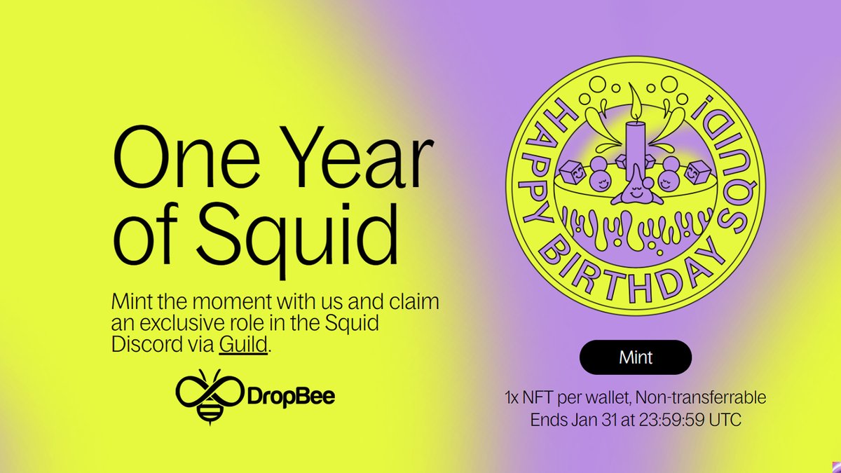 isnotberlin's tweet image. ⚡️ #Squidrouter 1. Yıl Kutlaması!

İleride değerli olabileceğini düşündüğüm bir NFT!

🎂 birthday.squidrouter.com
Ben sabah mintledim Polygon ağında 1 USDC verdim. 
İsteyen değerlendirsin.

Discord&apos;unda özel bir rol üstlenin diye not düşmüşler. 
NFT&apos;yi mint edenler guild den özel…