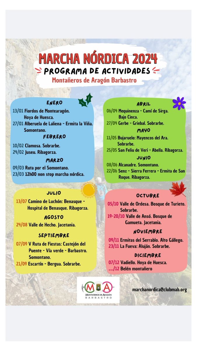 Ya tenemos el calendario de rutas de #marchanórdica del <a href="/MAB_club/">Montañeros de Aragón Barbastro</a>
Volveremos a recorrer gran parte de las #comarcas de #Huesca 
#Barbastro #nordicwalking