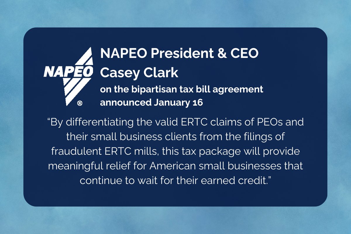 NAPEO's tweet image. We commend Congress for advancing the bipartisan tax bill announced earlier this week, that provides vital ERTC relief to hundreds of thousands of small businesses across the country. Read our full statement here: napeo.org/docs/default-s…

#PEO #ERTC #ERC #IRS #tax