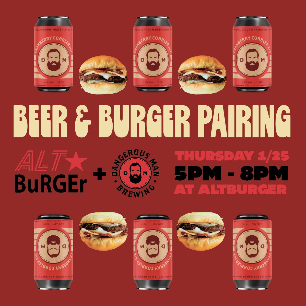 BEER &amp; BURGER PAIRING 🍔🍺 Join us next Thursday for burgers, beer &amp; merch with our pals over at Altburger  Featuring DM Burger crafted by Chef Derik Moran paired with DM Cranberry Cobbler Ale, &amp; raffle ticket for DM/Altburger prizes. Tickets:
order.toasttab.com/online/altburg…