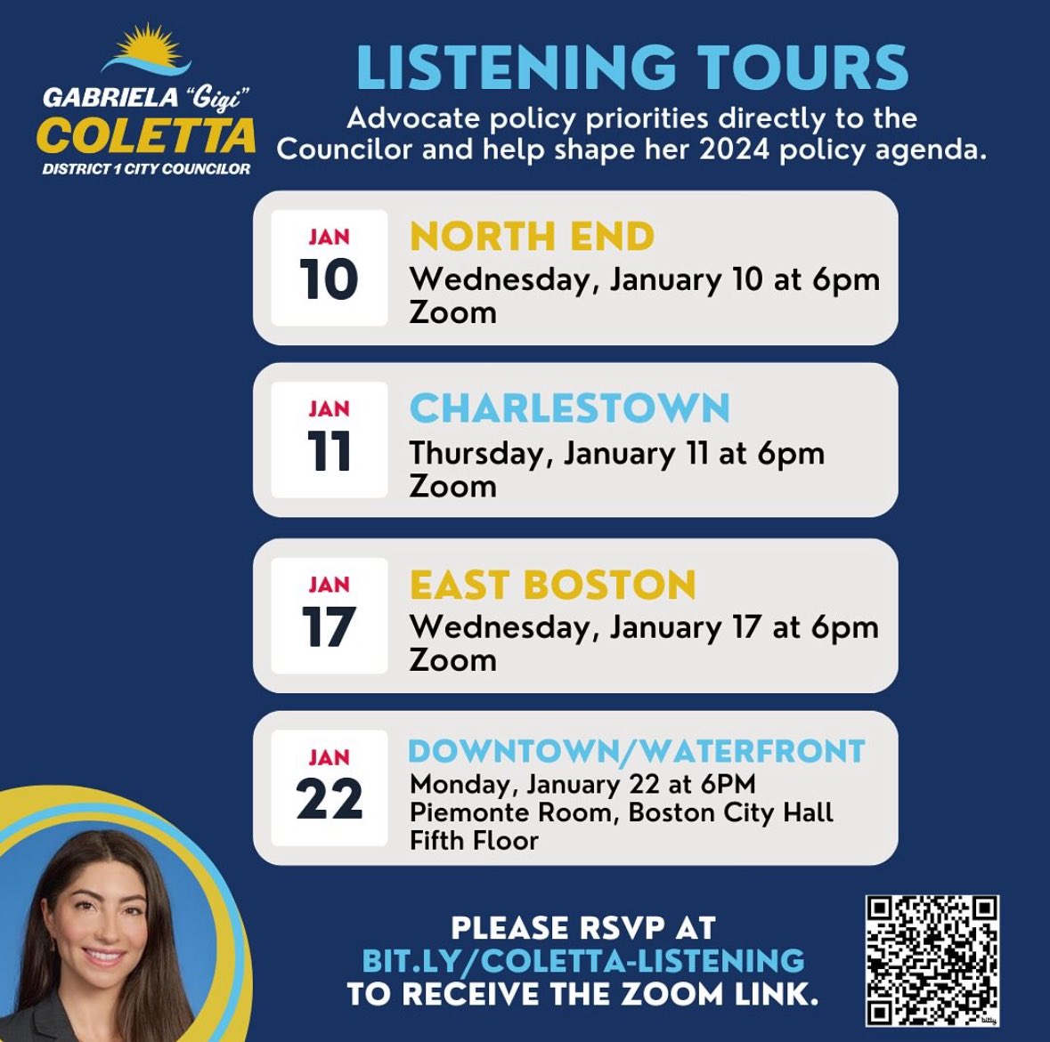 Downtown residents, students, workers, and businesses — have your voice heard!

Join <a href="/Gigi4District1/">Gabriela Coletta Zapata</a> on Monday, January 22, 6-8pm at City Hall in the Piemonte Room.