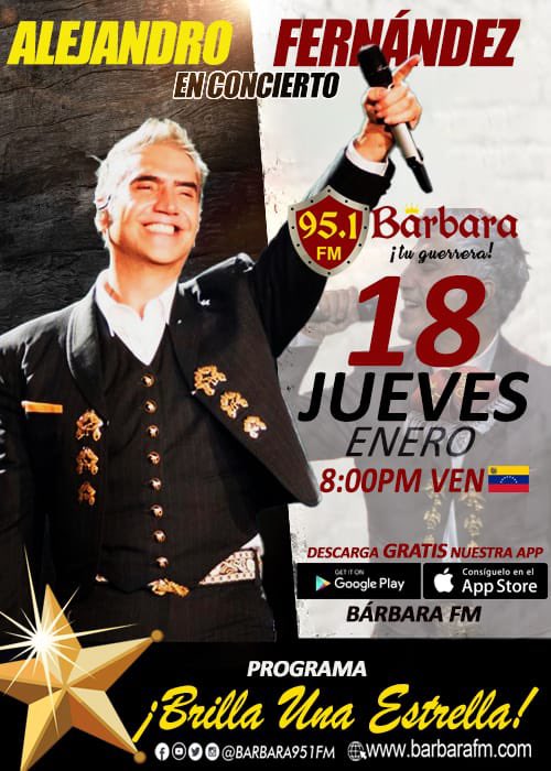 Barbara951FM's tweet photo. Esta noche a las 8 hora de Venezuela 🇻🇪 y 7 hora Miami 🇺🇸 tendremos un gran especial de @alexoficial a través de @Barbara951FM y la https://t.co/VvefKMJW8e no te lo pierdas #elpotrillo #AlejandroFernandez #ClubFansAlejandroFernandez https://t.co/kieXpK86oK