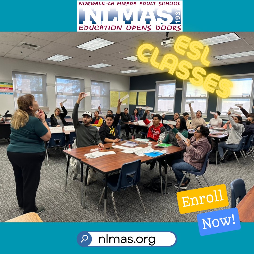Elevate your English skills with our FREE #ESL classes! Join a supportive community of learners where language barriers fade away. There's still time in enroll for the Spring. Go to nlmas.org for more information or call (562) 210-3990.

#AdultEducation
#NLMUSD