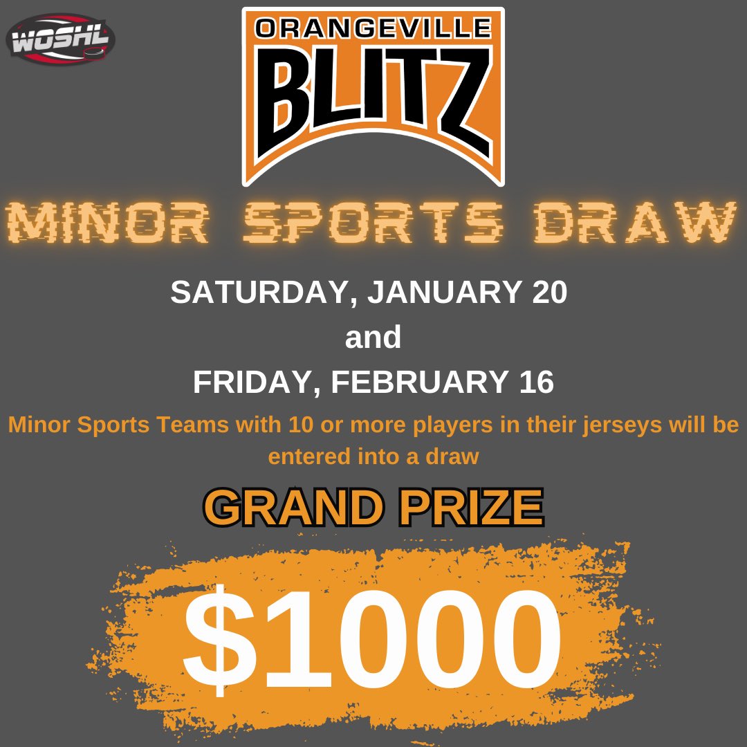 🚨HOME GAME🚨
This Saturday..8PM..Alder Arena

Come see the new look Orangeville Blitz take on the Dunnville Aeros at home! 

Kids: Wear your minor hockey jersey to get in for #FREE
Adults: Wear your kids’ jersey to get in for only $5

#BlitzHockey #WOSHL #ChucksOrangeville