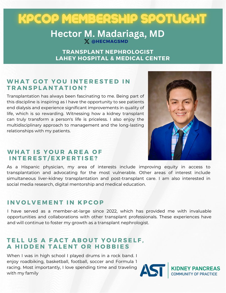 ⚡️🚨⚡️Congrats to @HecmagsMD !! The latest @AST_KPCOP Membership Spotlight!!🚨⚡️🚨 #KidneyTransplant #Priceless @AST_info @ThePower2Save