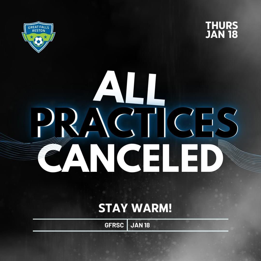 Due to snow-covered fields and cold temperatures, all travel team practices are canceled for today, January 18th. Please note that outdoor practices will not resume until the fields are completely clear of snow and ice.