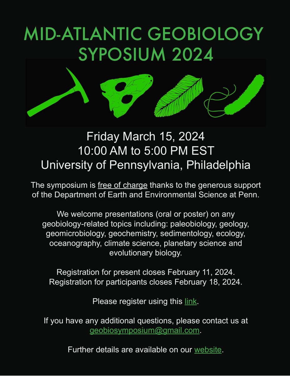 Register for free to participate in the Mid-Atlantic Geobiology Symposium here @Penn. Details Below!