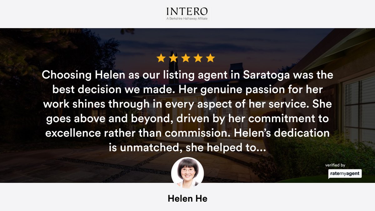 helenqhe's tweet image. My latest RateMyAgent review in Saratoga.
 01720584
rma.reviews/D3AnQhtCtSdF

...
#ratemyagent #realestate #Intero