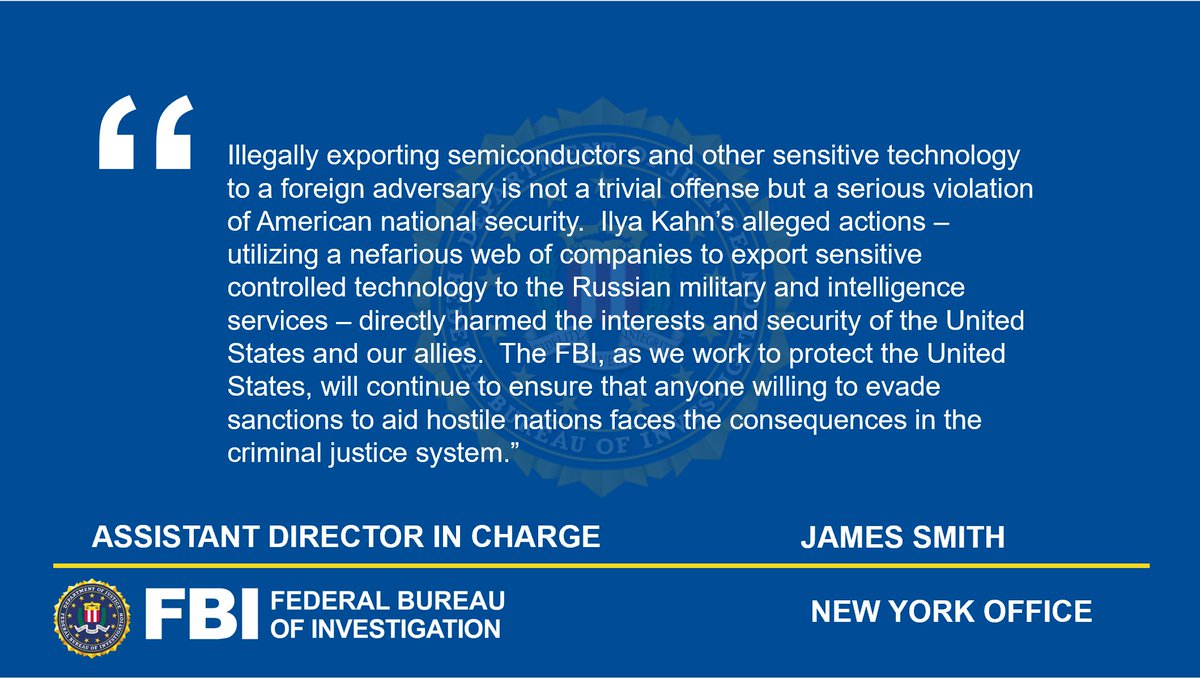 #FBINewYork, along with our partners @EDNYnews announced the arrest of a businessman for scheme to illegally export semiconductors and other controlled technology to Russia. ow.ly/eW9I50QsjKO