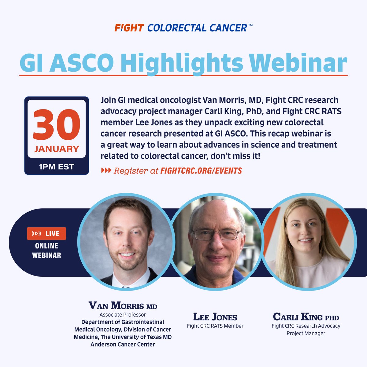 FightCRC's tweet photo. GI ASCO 2024 is underway! Be part of our #CRCWebinar at the end of the month, where we'll unpack the latest findings from the #ColorectalCancer research presented!   

Can't make it live? No worries – we'll send you the recording after the webinar! Register today!⬇️
https://t.co/E4uMJBY0xY

@ASCO #GIASCO #GI24 @VanMorrisMD @LeeJonesMBA