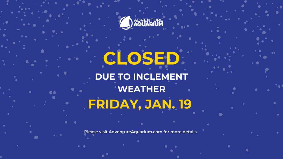 ⚠️❄️ CLOSED FRIDAY, JANUARY 19! Adventure Aquarium will be closed tomorrow (1/19) due to inclement weather. 

If you purchased a ticket or made an advanced reservation, you can reschedule your visit by calling 844-474-FISH (3474). For more details, visit AdventureAquarium.com.