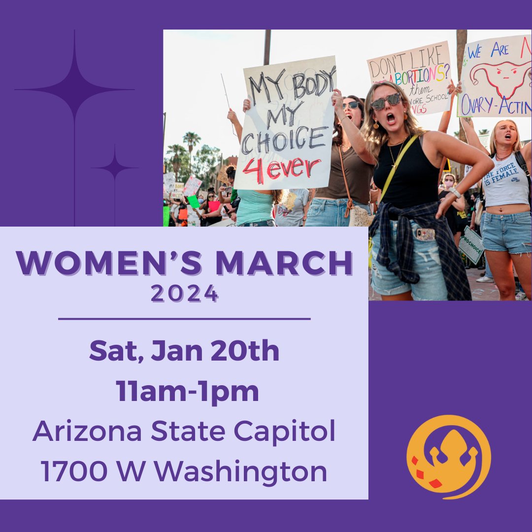 March for equality, empowerment, and reproductive rights at the 2024 Women's March! 💜 Join us this Sat, Jan 20th, 11am - 1pm at the Arizona State Capitol. Let's stand strong for abortion access in Arizona! #WomensMarch2024