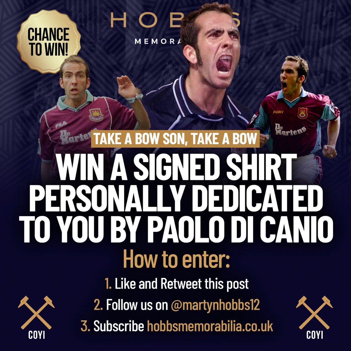 PAOLO DI CANIIIOOOOOOO ⚒️ Win a signed shirt dedicated and signed from the LEGEND himself. This is such a fantastic opportunity for any hammers fan. ⚒️Like ⚒️Follow ⚒️ Retweet ⚒️ Subscribe (on our site pop up) Hobbsmemorabilia.co.uk GOOD LUCK