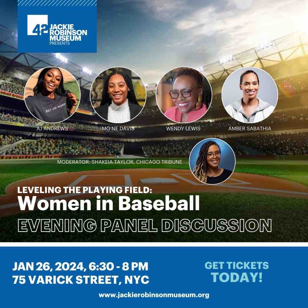 One Incredible Event | Two Amazing Panels   The Jackie Robinson Museum will host Leveling The Playing Field, a programming series on barrier-breaking women in sports on Friday, January 26, 2024 featuring @aj_andrews_ and more. Link below for tickets. bit.ly/48tj00i