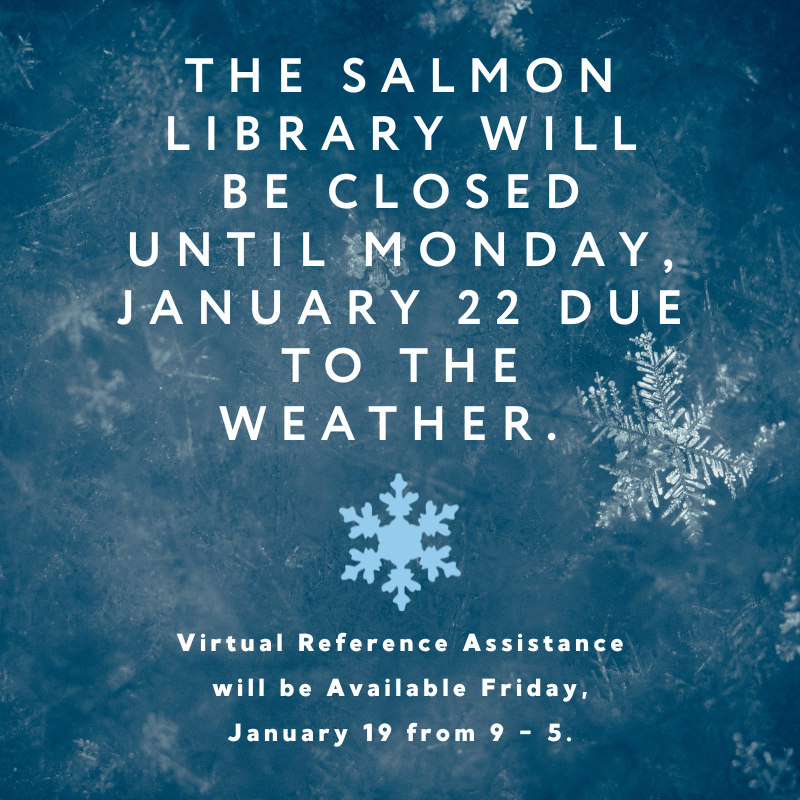 UAHLibrary's tweet photo. The Salmon Library will be closed Friday, January 19 through Sunday, January 21 due to the weather. Virtual reference assistance will be available from 9 - 5 pm on Friday at https://t.co/wBHQgb6UD0. https://t.co/9cgKgjTIcB