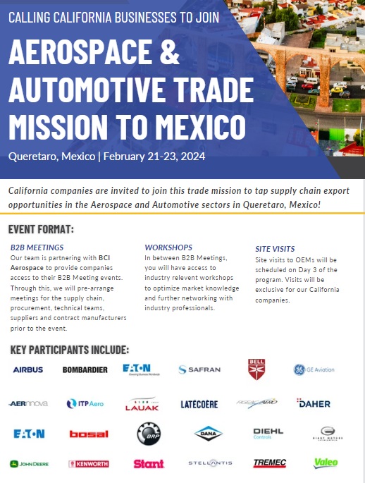 ICYMI: LAST CALL to join this #aerospace and #automotive trade mission to Mexico.

Reg Deadline: Jan 26,2024
Reg: tinyurl.com/575vw7mb
More info: tinyurl.com/yeynk4nx
