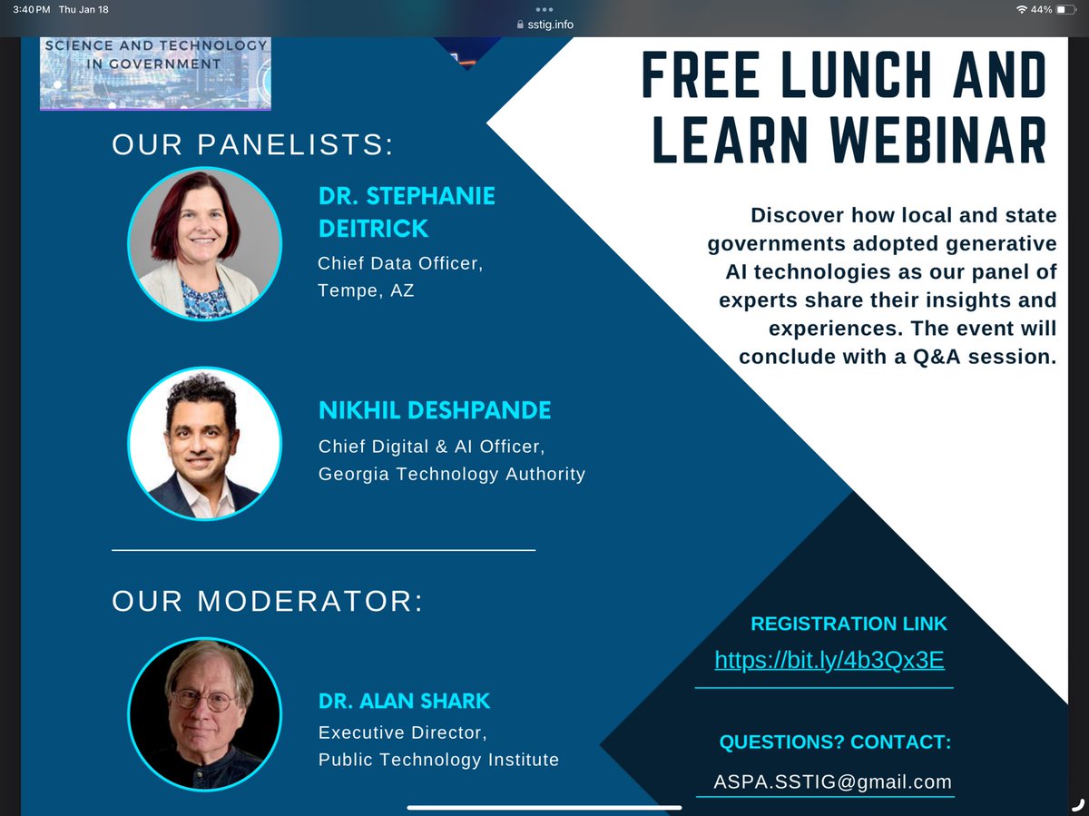 Join us for the first Lunch and Learn Webinar of 2024! Topic is AI in State and Local Government. Register today to hear our experts share their thoughts and experiences. unf.zoom.us/webinar/regist… #DigitalGov #egov #ai