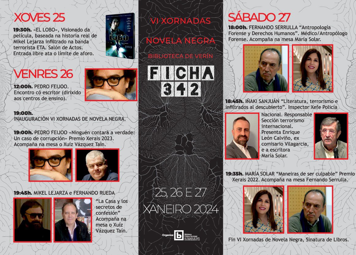kikonovoa's tweet photo. A semana que vén tedes na @bibliotecaverin as VI Xornadas de Novela Negra #FICHA342. Con @pedrofeijoo por fin diante dun xuíz. https://t.co/MfBCg7o1N8