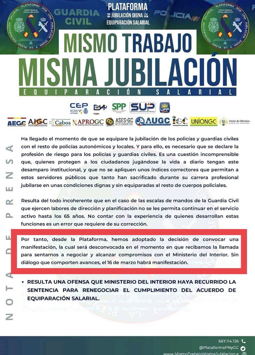 Ibon_Dominguez's tweet photo. Lunes 15 @JupolNacional informa que el ministro del @interiorgob: Se comprometía a “abordar la problemática” de la jubilación.

Jueves 18 la @PlataformaPNyGC convoca una manifestación pero: “será desconvocada en el momento en que recibamos la llamada”

#EquiparacionYa https://t.co/s3byJNkWjK