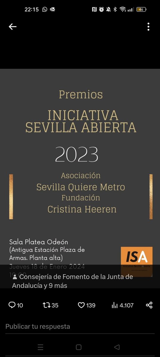Contar con una sociedad civil activa y comprometida con su tierra, es un gran estímulo para hacer que #Sevilla crezca y avance. Enhorabuena a Cristina Heeren , y <a href="/Sevquieremetro/">SevillaQuiereMetro</a> , por sus reconocimientos en los #PremiosIsa <a href="/sevillaabierta/">ISA</a>