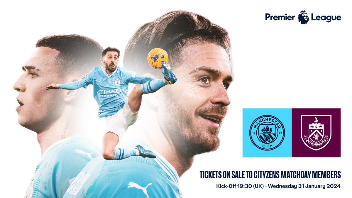 🎟 Limited tickets for City vs Burnley on Wed, 31 Jan! Season ticket members can buy up to 3 extra tickets, while Matchday & Junior Members can buy up to 4 tickets. Get your tickets now: mancity.com/tickets/mens/m…