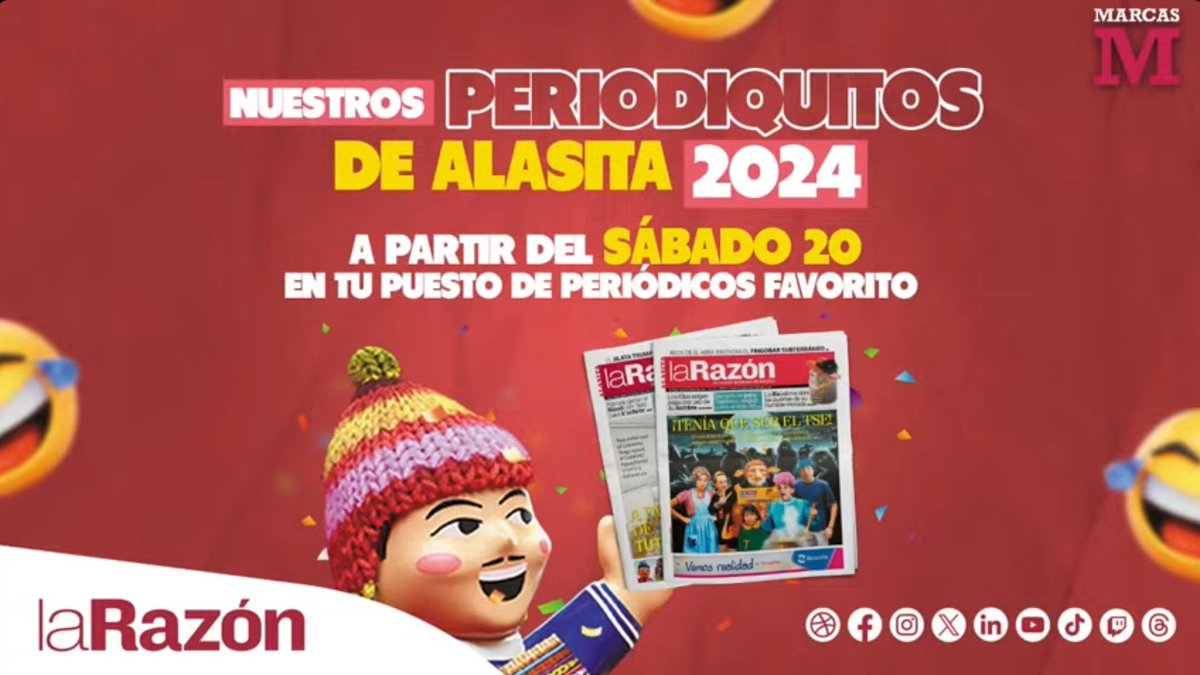 LaRazon_Bolivia's tweet photo. #LaRazónPlus
.@Marcas_LaRazon
Desde este sábado estará a la venta los periodiquitos de @LaRazon_Bolivia con su suplemento @Marcas_LaRazon saldrán a la venta este sábado 20 y también #Extrita. Son parte de la Alasita.
Puede seguir en vivo:
👉 https://t.co/tr3HfImZFb https://t.co/Ed8fLpWwV6