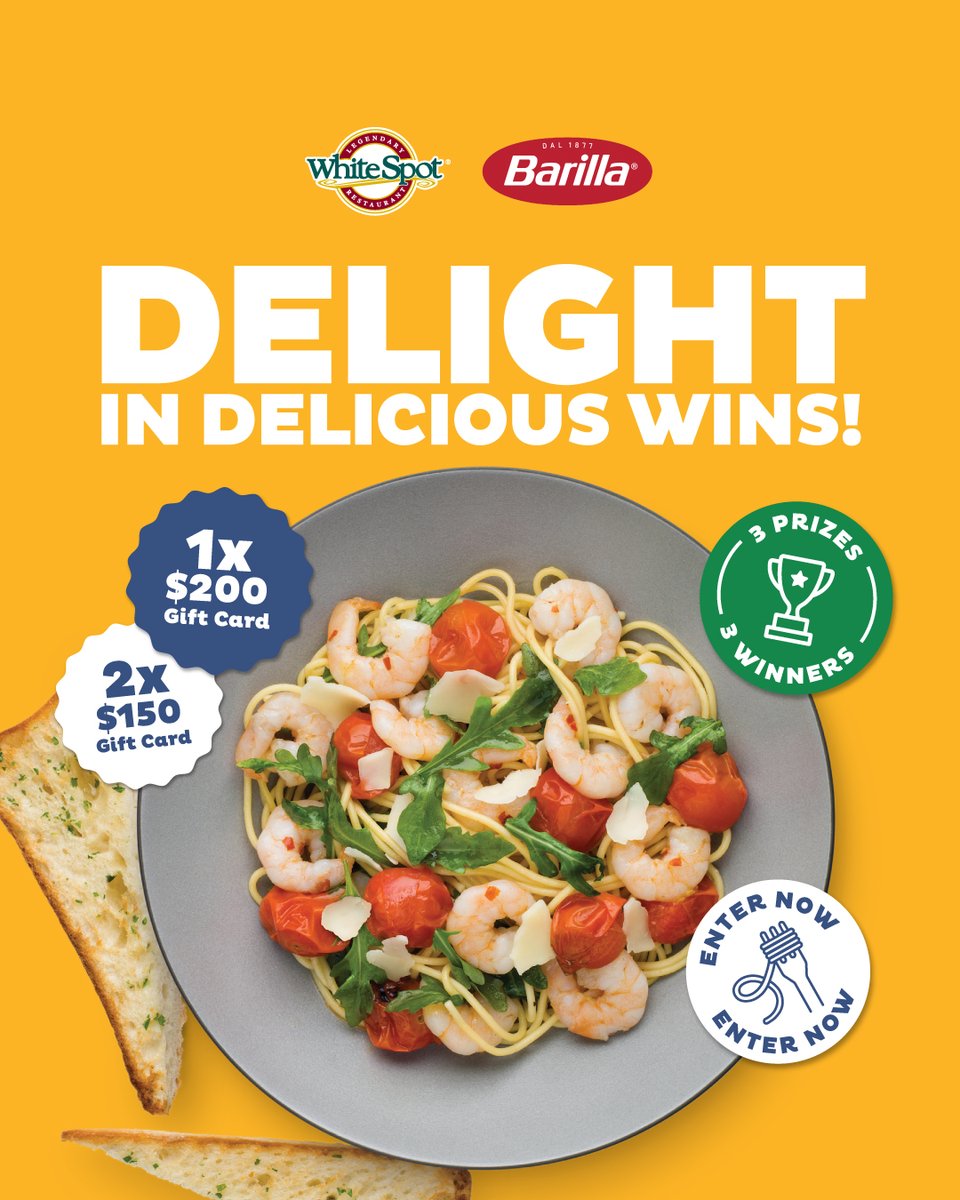 [GIVEAWAY ALERT]🏆 Enter our pasta lover’s giveaway for a chance to win 1 of 3 White Spot gift cards and get a taste of our signature dishes made with <a href="/Barilla/">Barilla</a>  pasta. 🍝 

Head over to our Instagram and follow the instructions: bit.ly/420YpOZ