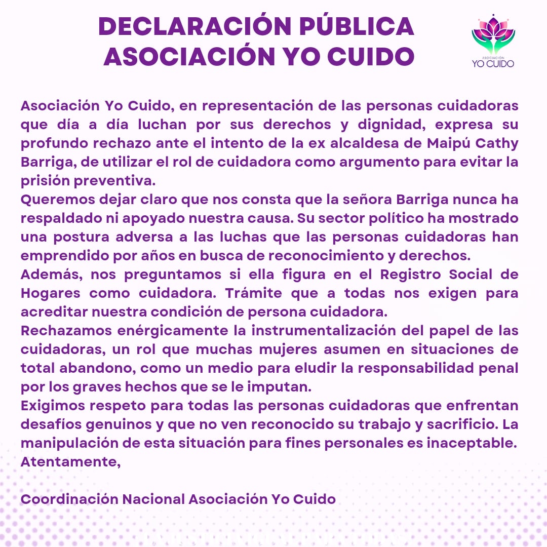 Declaración pública por la instrumentalización del papel de las personas cuidadoras como medio para evadir la responsabilidad del delito cometido por la Sra. #CathyBarriga